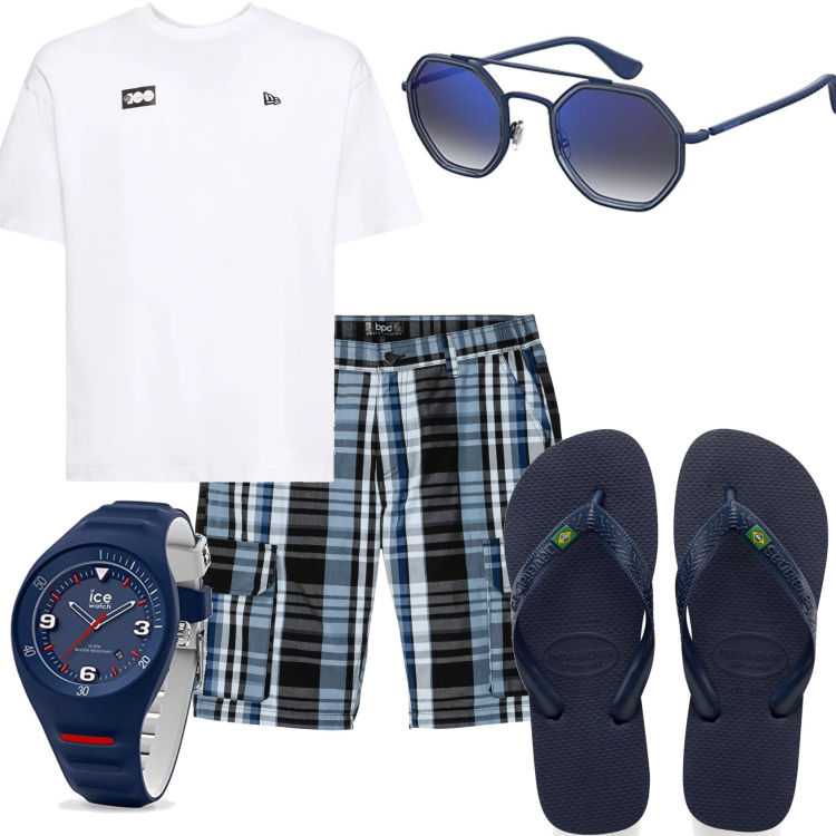 Outfit uomo - Bermuda e maglietta al mare. Stile Casual per Mare. Abbinamento con bermuda, occhiali da sole, orologi, t-shirt, sandali.