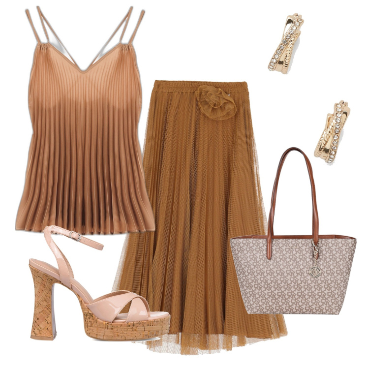 Outfit donna - Completo marrone. Stile Chic per Serata fuori. Abbinamento con borse a spalla, top, gonne longuette, orecchini, sandali in pelle.