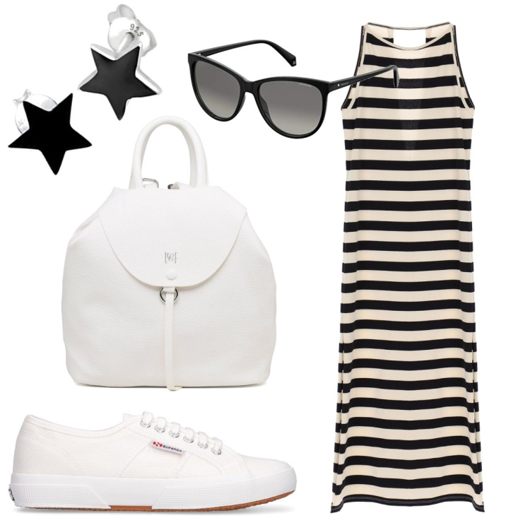 Outfit donna - Righe. Stile Casual per Tutti i giorni. Abbinamento con vestiti lunghi, zaini, orecchini, occhiali da sole, sneakers.