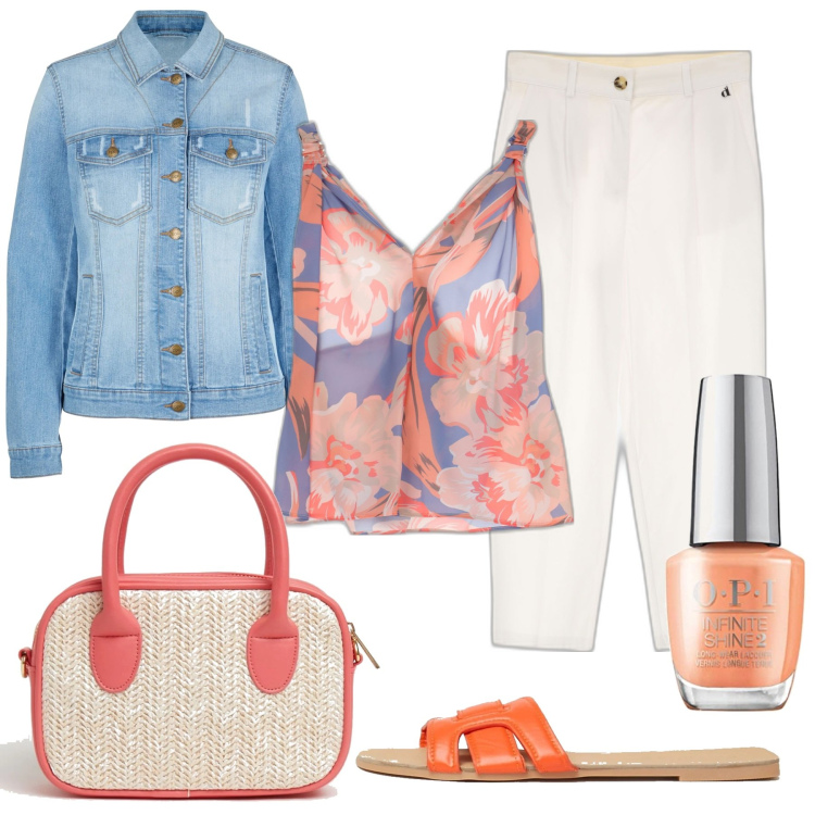 Outfit donna - Stilosa. Stile Casual per Tutti i giorni. Abbinamento con blazer, canottiere, ciabatte, borse a spalla, pantaloni capri, smalti.