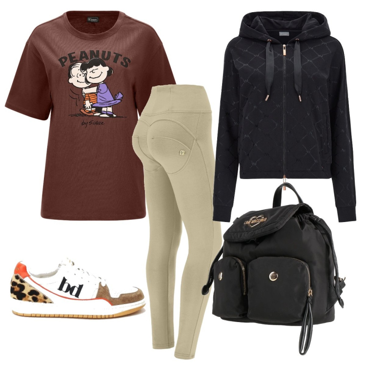 Outfit donna - Gita archeologica. Stile Sporty chic per Sport. look ideale per Tall. Abbinamento con zaini, sneakers, pantaloni skinny, felpe con cappuccio, t-shirt.