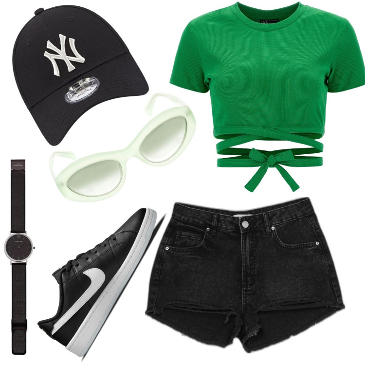 Outfit donna - Quattro passi ad agosto. Stile Casual per Tutti i giorni. Abbinamento con shorts, top, sneakers, occhiali da sole, orologi, cappelli.