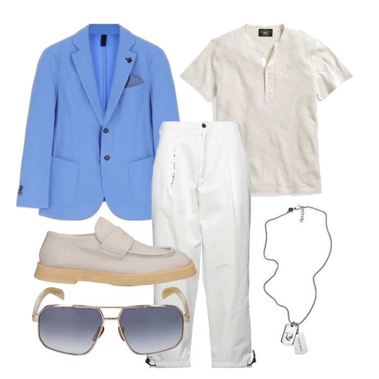 Outfit uomo - Ghost outfitter - agosto. Stile Business/Elegante per Serata speciale. Abbinamento con pantaloni, scarpe stringate, giacche, t-shirt, collane, occhiali da sole.