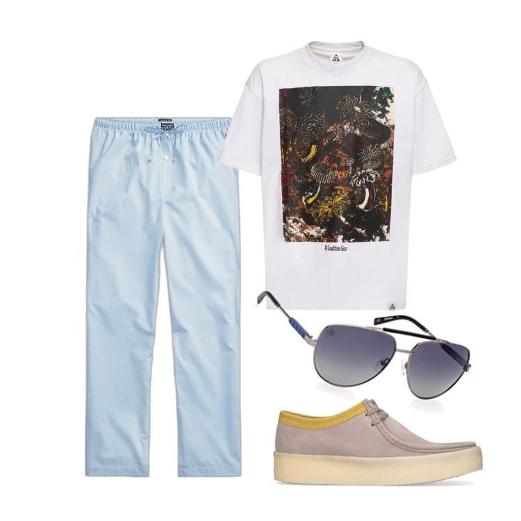 Outfit uomo - Ghost outfitter - agosto. Stile Trendy per Tutti i giorni. Abbinamento con pantaloni, occhiali da sole, t-shirt, scarpe stringate.