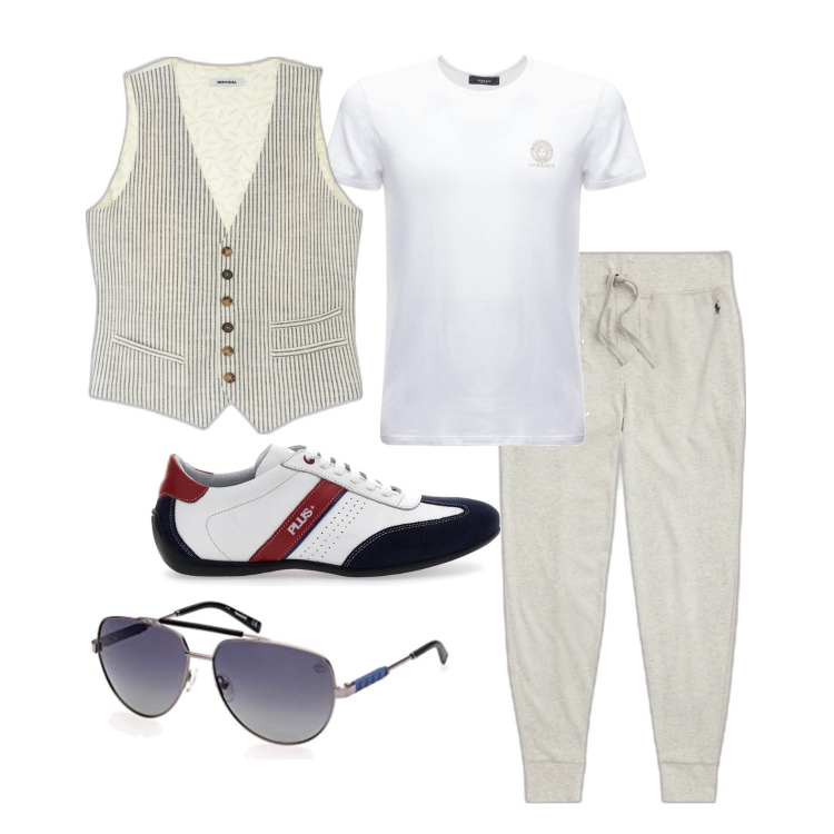 Outfit uomo - Ghost outfitter - agosto. Stile Urban per Tutti i giorni. Abbinamento con gilet, pantaloni, t-shirt, occhiali da sole, scarpe stringate.