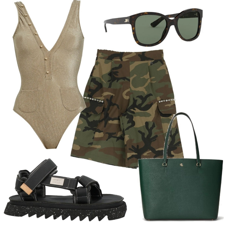 Outfit donna - Total look #1686127. Stile Military per Mare. Abbinamento con costumi interi, sandali in pelle, bermuda, occhiali da sole, borse tote.