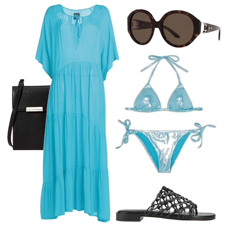 Outfit donna - Giornata in piscina. Stile Bon Ton per Mare. Abbinamento con infradito, vestiti da spiaggia, occhiali da sole, portafogli, bikini.
