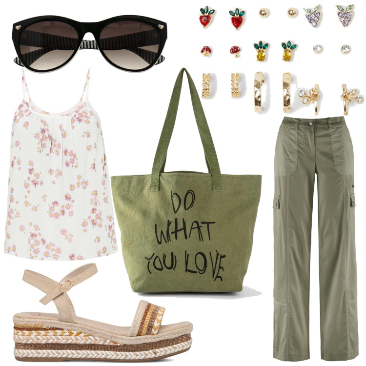 Outfit donna - Shopper. Stile Glamour per Tutti i giorni. Abbinamento con pantaloni cargo, shopping bag, top, orecchini, sandali col tacco, occhiali da sole.