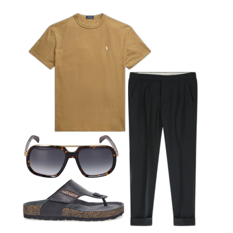 Outfit uomo - Ghost outfitter - agosto. Stile Casual per Tutti i giorni. Abbinamento con pantaloni capri, t-shirt, occhiali da sole, sandali.