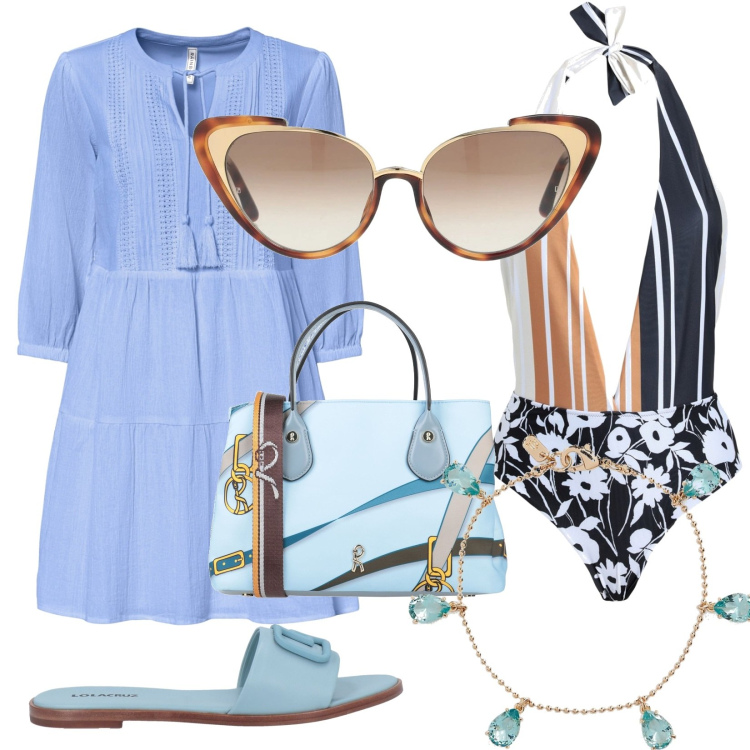 Outfit donna - Gita al mare. Stile Glamour per Mare. Abbinamento con vestiti da spiaggia, costumi interi, borse a mano, sandali in pelle, occhiali da sole, braccialetti.