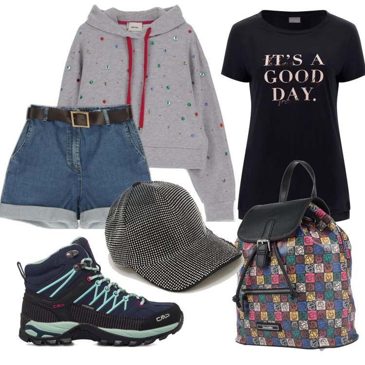 Outfit donna - Trekking in montagna. Stile Casual per Tutti i giorni. look ideale per Petite. Abbinamento con zaini, bermuda, t-shirt, felpe con cappuccio, cappelli con visiera, stivaletti.