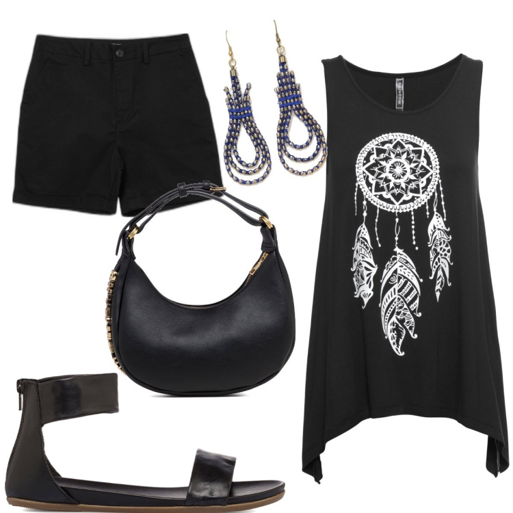Outfit donna - Total look #1686312. Stile Basic per Tutti i giorni. look ideale per Tall. Abbinamento con top, bermuda, orecchini, borse a mano, sandali in pelle.
