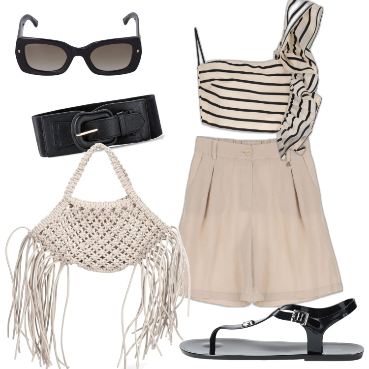 Outfit donna - Il top a righe. Stile Trendy per Tutti i giorni. Abbinamento con cinture, infradito, top, bermuda, shopping bag, occhiali da sole.
