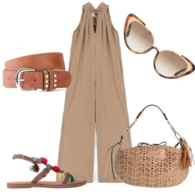 Outfit donna - Colori neutri per l’estate. Stile Boho per Tutti i giorni. Abbinamento con cinture, borse a spalla, sandali, occhiali da sole, tute.