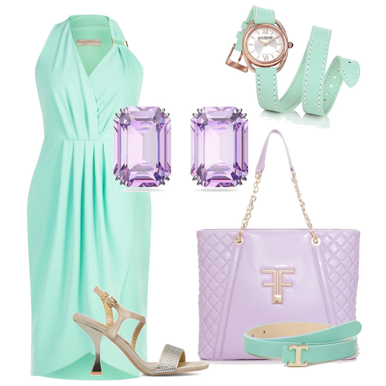 Outfit donna - Confort con stile. Stile Glamour per Tutti i giorni. Abbinamento con cinture, shopping bag, sandali gioiello, vestiti a tubino, orologi analogici, orecchini.