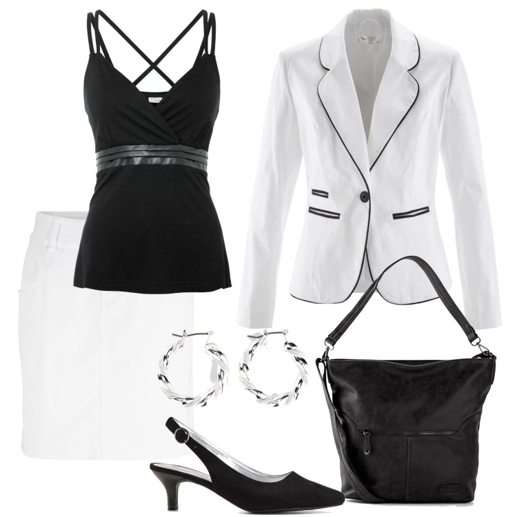 Outfit donna - Total Bonprix per il meeting. Stile Chic per Serata fuori. Abbinamento con blazer, minigonne, borse a tracolla, orecchini, top, décolleté.