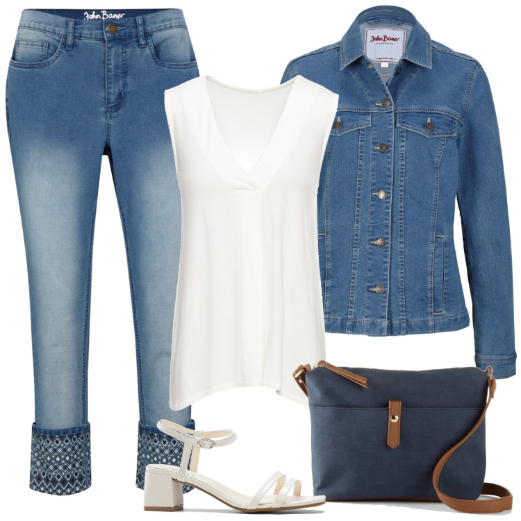 Outfit donna - Bonprix: il denim che piace. Stile Casual per Tutti i giorni. Abbinamento con top, jeans, blazer, sandali col tacco, borse a tracolla.
