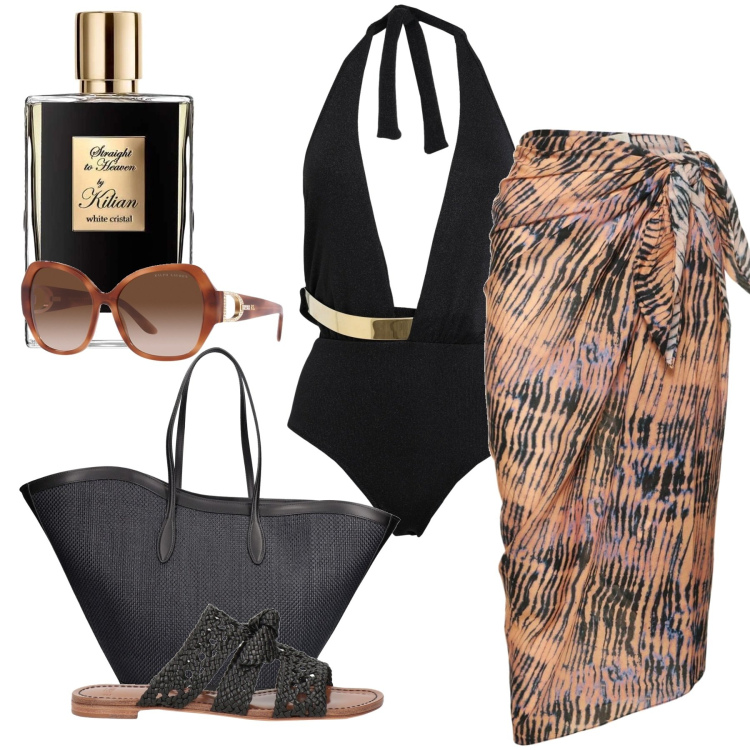 Outfit donna - Onde dark. Stile Sexy per Mare. Abbinamento con occhiali da sole, costumi interi, sandali in pelle, vestiti da spiaggia, shopping bag, profumi.