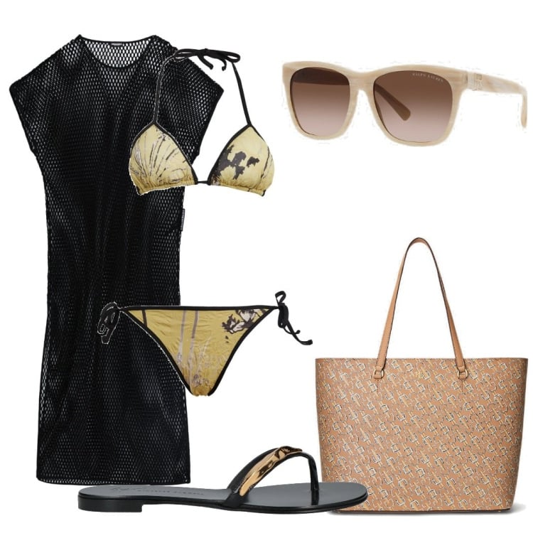 Outfit donna - In viaggio porto sempre il costume. Stile Bon Ton per Mare. Abbinamento con bikini, vestiti da spiaggia, infradito, borse tote, occhiali da sole.