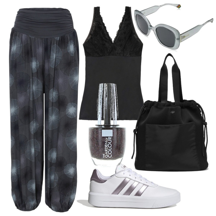 Outfit donna - Sporty every day. Stile Sporty chic per Tutti i giorni. Abbinamento con top, pantaloni, borse a spalla, sneakers, smalti, occhiali da sole.