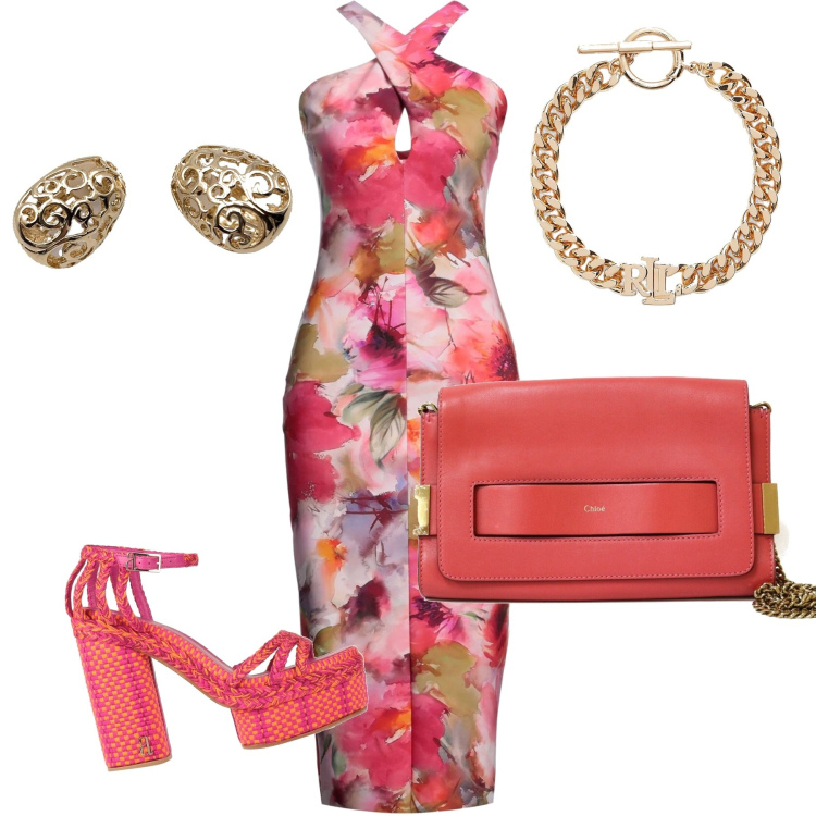 Outfit donna - Colore sprint. Stile Glamour per Serata fuori. Abbinamento con braccialetti, vestiti midi/longuette, borse a spalla, sandali col tacco, orecchini.