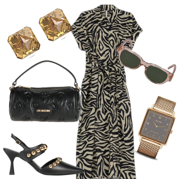 Outfit donna - Total look #1686471. Stile Casual chic per Serata fuori. Abbinamento con décolleté, borse a mano, vestiti midi/longuette, orologi analogici, occhiali da sole, orecchini.