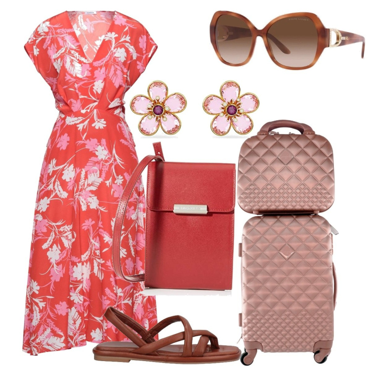 Outfit donna - Sì viaggiare.... Stile Casual chic per Tutti i giorni. Abbinamento con ciabatte, vestiti midi/longuette, occhiali da sole, valigie, portafogli, orecchini.