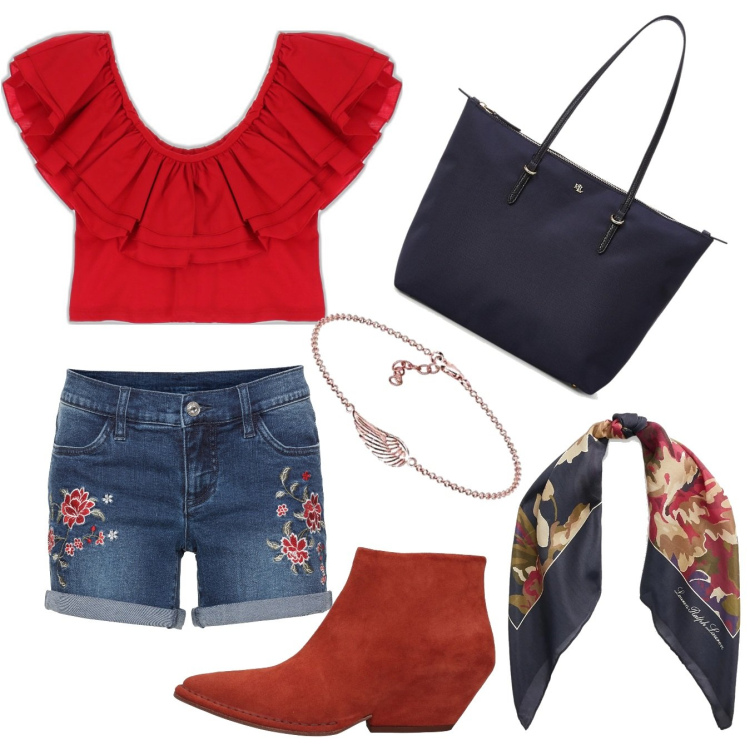 Outfit donna - Country girl. Stile Casual per Tutti i giorni. Abbinamento con shorts, stivaletti, top, borse tote, foulard, braccialetti.
