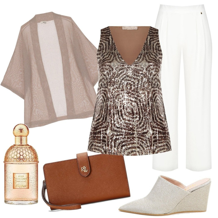 Outfit donna - Il top scintillante. Stile Chic per Serata fuori. Abbinamento con cardigans, sabot, top, pantaloni a palazzo, pochette, profumi.