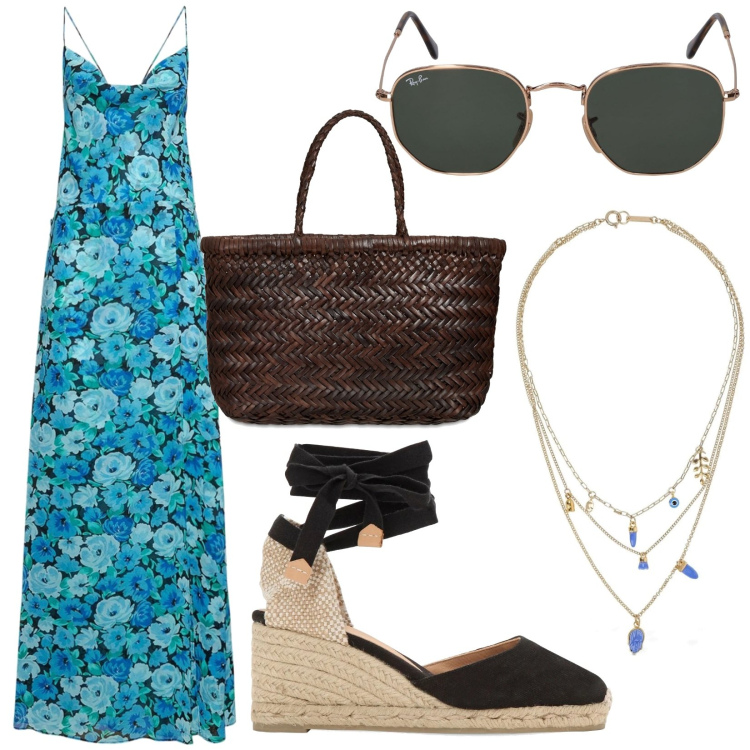 Outfit donna - Un\'estate a colori. Stile Glamour per Serata fuori. Abbinamento con borse a spalla, vestiti, occhiali da sole, espadrillas, collane.