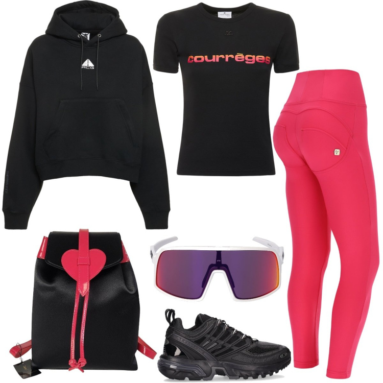 Outfit donna - Trekking in montagna. Stile Sporty chic per Sport. Abbinamento con zaini, pantaloni skinny, sneakers, felpe con cappuccio, t-shirt, occhiali da sole.