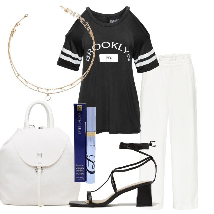 Outfit donna - Sporty Chic per tutti i giorni. Stile Sporty chic per Tutti i giorni. Abbinamento con maglieria, pantaloni culotte, sandali in pelle, ciondoli, zaini, mascara.