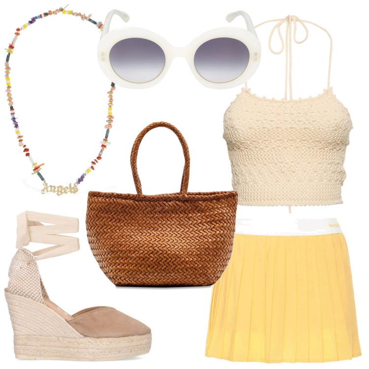 Outfit donna - L\'estate a colori. Stile Casual chic per Tutti i giorni. Abbinamento con top, occhiali da sole, espadrillas, collane, borse a mano, gonne.