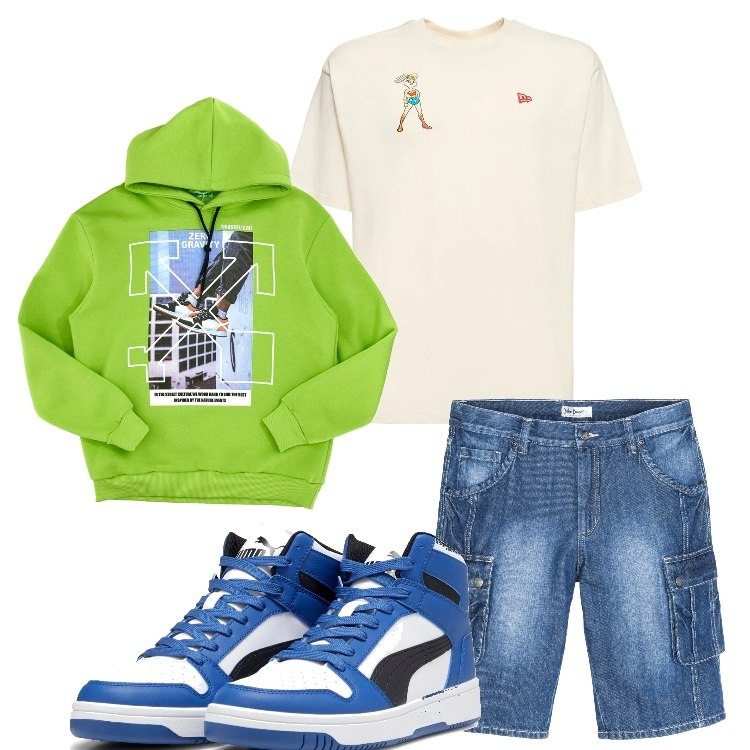 Outfit uomo - Un giro in centro. Stile Urban per Tutti i giorni. Abbinamento con bermuda, sneakers alte, felpe con cappuccio, t-shirt.