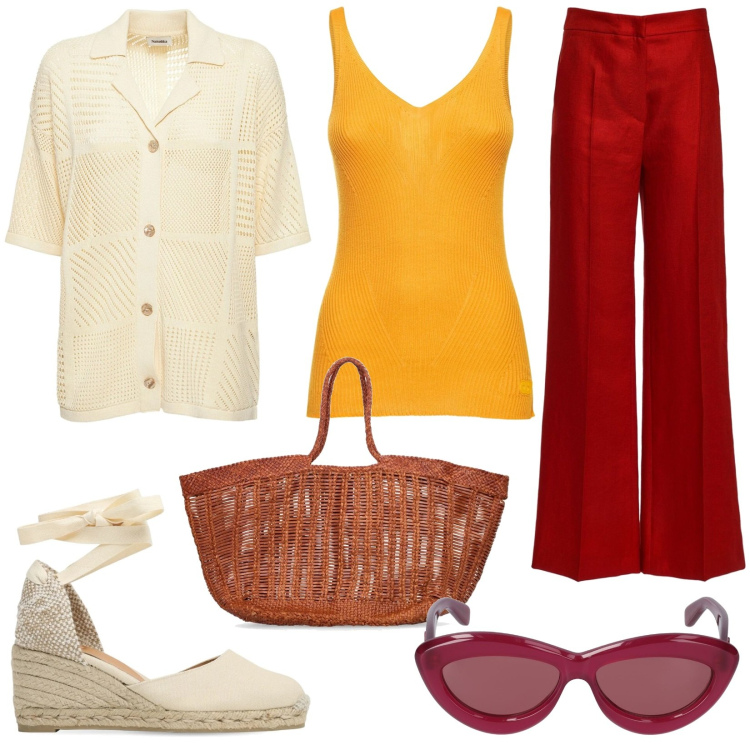 Outfit donna - Estate a colori. Stile Casual chic per Serata fuori. Abbinamento con pantaloni, espadrillas, top, shopping bag, occhiali da sole, camicie.