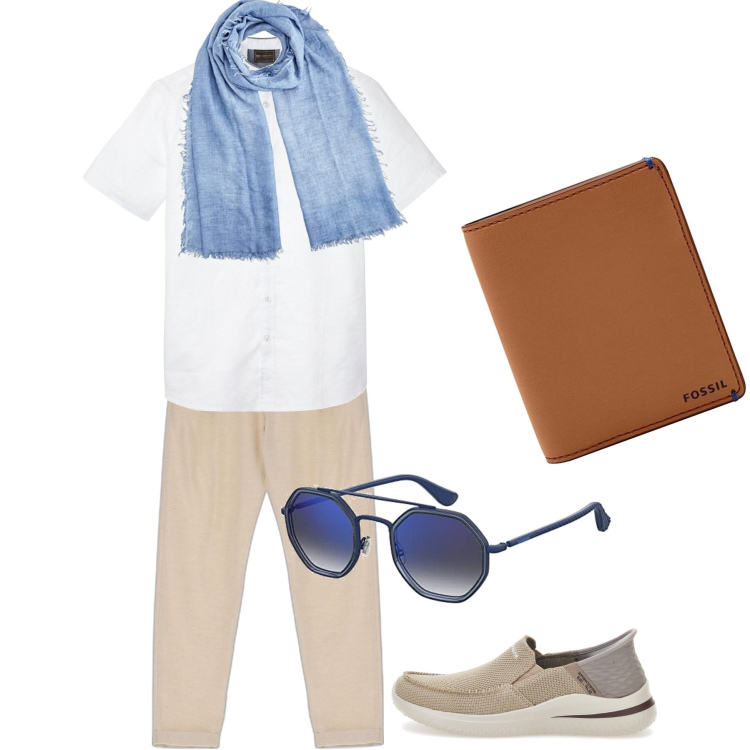 Outfit uomo - Total look #1686636. Stile Casual per Ufficio. Abbinamento con camicie a manica corta, pantaloni, occhiali da sole, sneakers, sciarpe, portafogli.