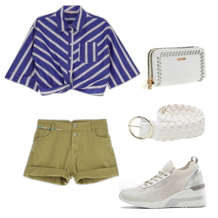 Outfit donna - Total look #1686639. Stile Sporty chic per Tutti i giorni. Abbinamento con sneakers, camicie a manica corta, shorts, cinture, portafogli.