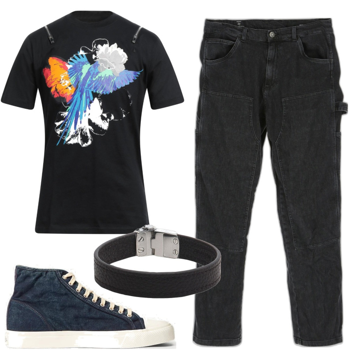 Outfit uomo - Total look #1686672. Stile Biker Rock per Serata speciale. Abbinamento con t-shirt, braccialetti, pantaloni, sneakers.