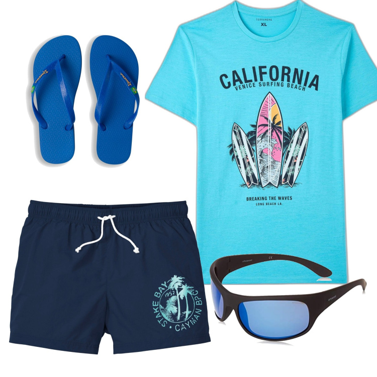 Outfit uomo - California Dreamin\'. Stile Casual per Mare. Abbinamento con pantaloni corti, t-shirt, sandali, occhiali da sole.