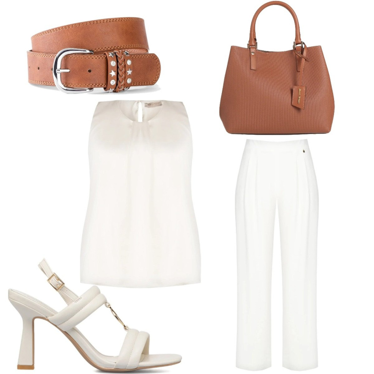 Outfit donna - Total look #1686720. Stile Casual chic per Ufficio. Abbinamento con cinture, borse a mano, top, pantaloni a palazzo, sandali col tacco.