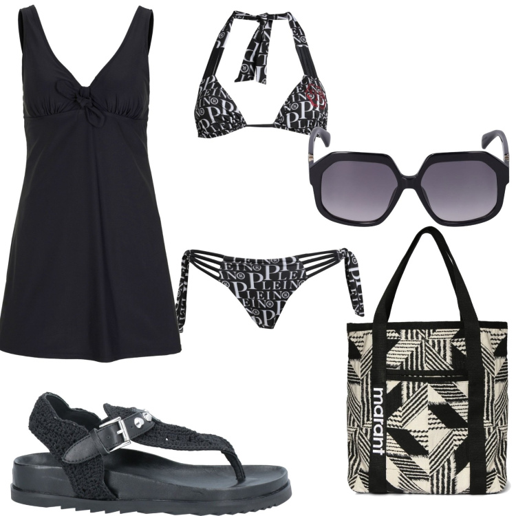 Outfit donna - Mare in nero. Stile Casual chic per Mare. Abbinamento con vestiti da spiaggia, infradito, bikini, shopping bag, occhiali da sole.