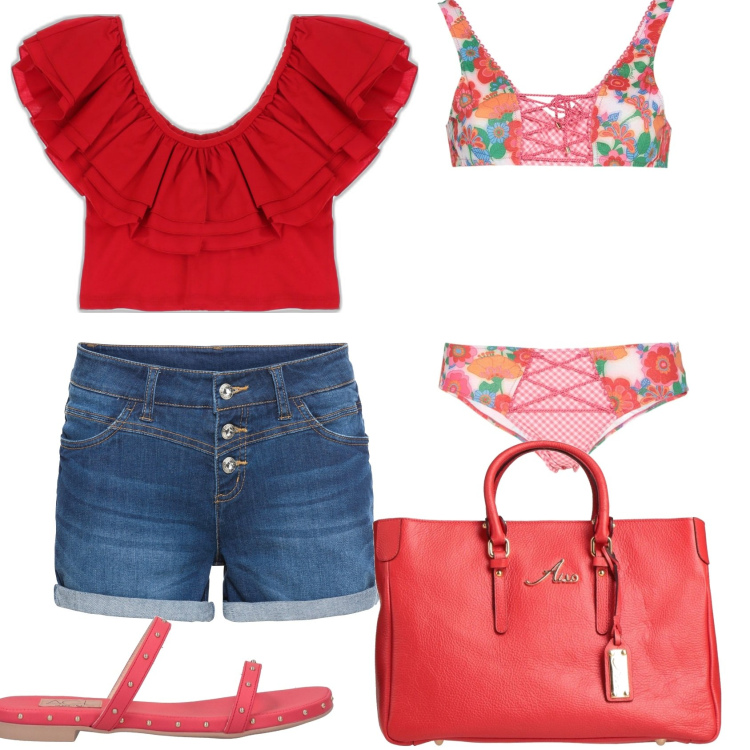 Outfit donna - Mare rosso fiorato. Stile Casual chic per Mare. Abbinamento con shorts, borse a mano, sandali in pelle, bikini, top.