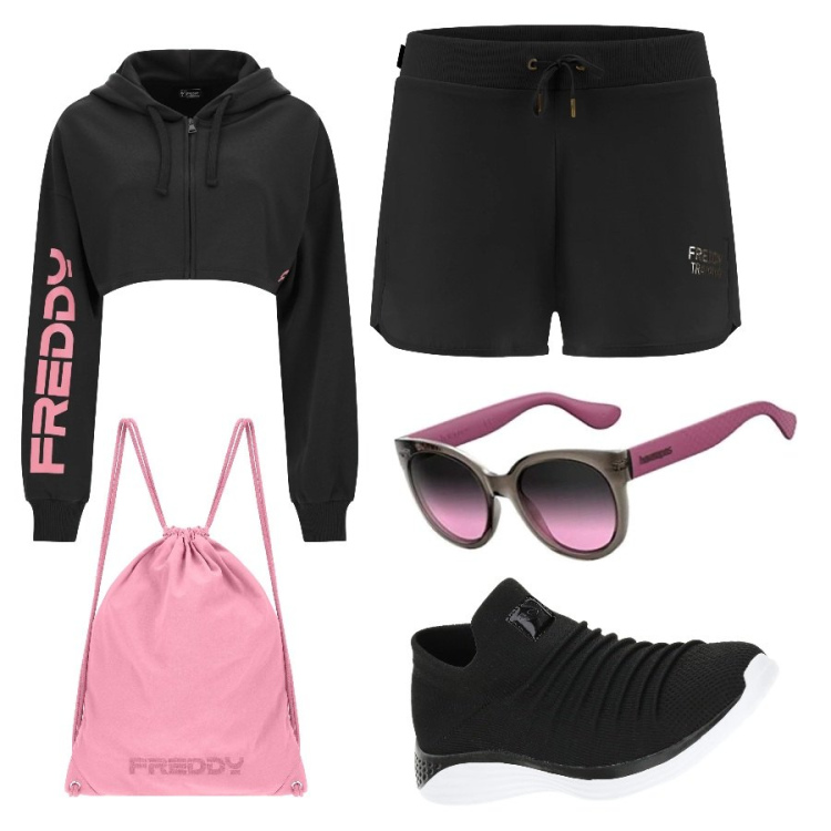 Outfit donna - Sport. per Sport. Abbinamento con sneakers, zaini, felpe con cappuccio, shorts, occhiali da sole.