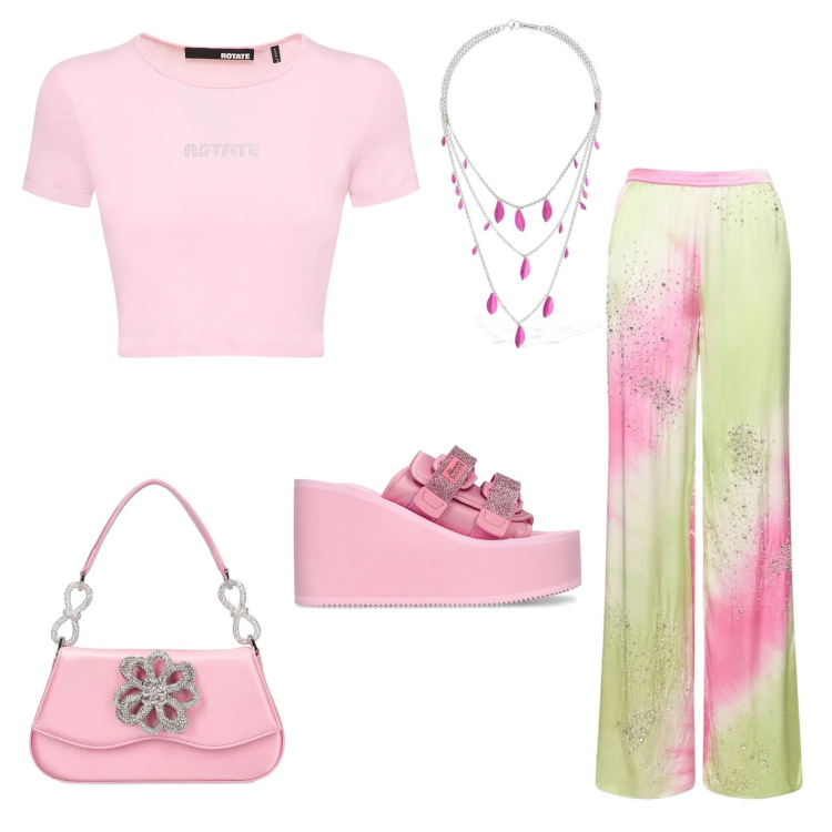 Outfit donna - La zeppaciabatta. Stile Romantica per Serata fuori. Abbinamento con collane, pantaloni, t-shirt, sandali, borse a mano.
