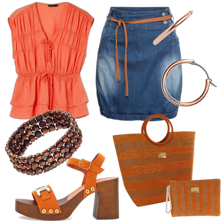 Outfit donna - La blusa arancione. Stile Urban per Tutti i giorni. Abbinamento con minigonne, bluse, borse a secchiello, zoccoli, braccialetti, orecchini.