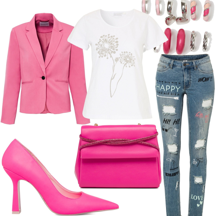 Outfit donna - Aperitivo con le amiche. Stile Casual chic per Serata fuori. Abbinamento con t-shirt, jeans skinny, blazer, orecchini, décolleté, clutch.