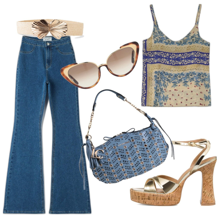 Outfit donna - Tacchi alti ma comodi. Stile 70s per Tutti i giorni. Abbinamento con cinture, occhiali da sole, borse a spalla, jeggings, canottiere, sandali in pelle.