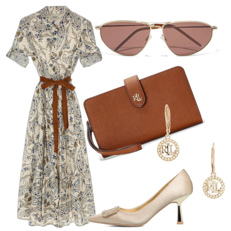 Outfit donna - Battesimo nel pomeriggio. Stile Chic per Cerimonia. Abbinamento con occhiali da sole, vestiti midi/longuette, pochette, orecchini, décolleté.