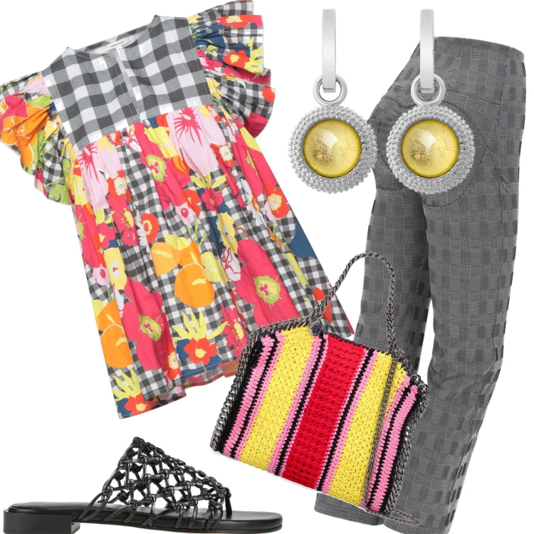 Outfit donna - Shopping. Stile Casual per Tutti i giorni. Abbinamento con infradito, bluse, pantaloni, borse tote, orecchini.
