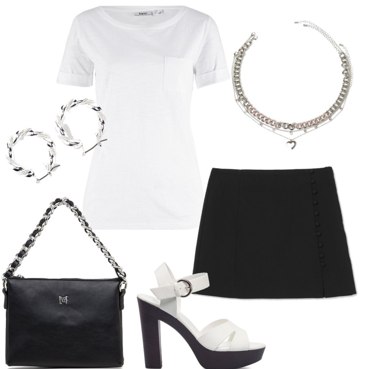 Outfit donna - Total look #1686879. Stile Basic per Serata fuori. Abbinamento con t-shirt, orecchini, minigonne, ciondoli, sandali in pelle, borse a tracolla.